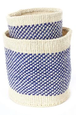 Swahili African Modern Home Goods Blue And Cream Twill Sisal Nesting Basket Set