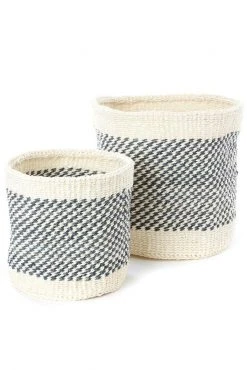 Swahili African Modern Home Goods Charcoal And Cream Twill Sisal Nesting Baskets