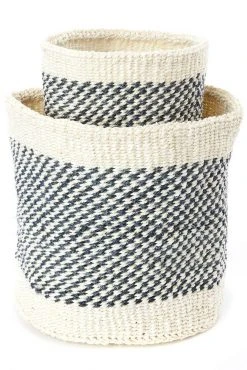 Swahili African Modern Home Goods Charcoal And Cream Twill Sisal Nesting Baskets
