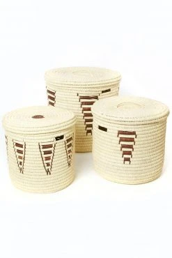 Swahili African Modern Chestnut Arrow Doum Palm Hamper Basket Set Home Goods