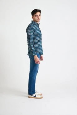 Dushyant Asthana Men's Amir Long Sleeve Shirt - Blue + Red Motif