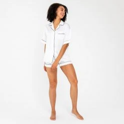 Ettitude Best Sellers Bamboo Lyocell Short Sleeve Pajama Shirt - Feather White