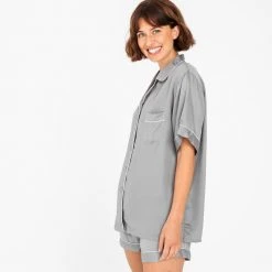 Ettitude Best Sellers Charcoal Bamboo Lyocell Short Sleeve Pajama Shirt - Dove Gray