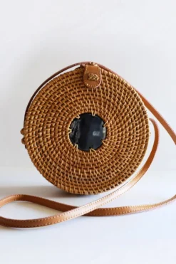 Hathorway BIPOC Owned Tan Tien Buffalo Horn Centerpiece Circle Wicker Rattan Bag