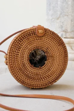 Hathorway BIPOC Owned Tan Tien Buffalo Horn Centerpiece Circle Wicker Rattan Bag