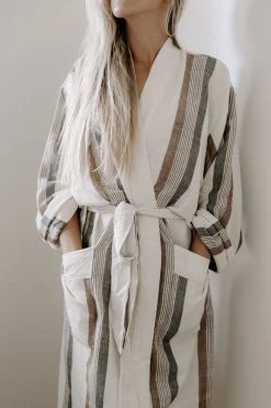 Home & Loft Hudson Unisex Long Turkish Robe - Brown + Cream