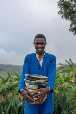 KAZI Medium Silver Blue Umuseke Round Basket Home Goods