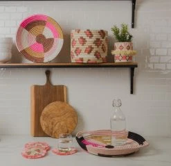 KAZI Home Goods Large Blossom Pinks + Tan Round Basket 10 KAZI Home Goods Large Blossom Pinks + Tan Round Basket