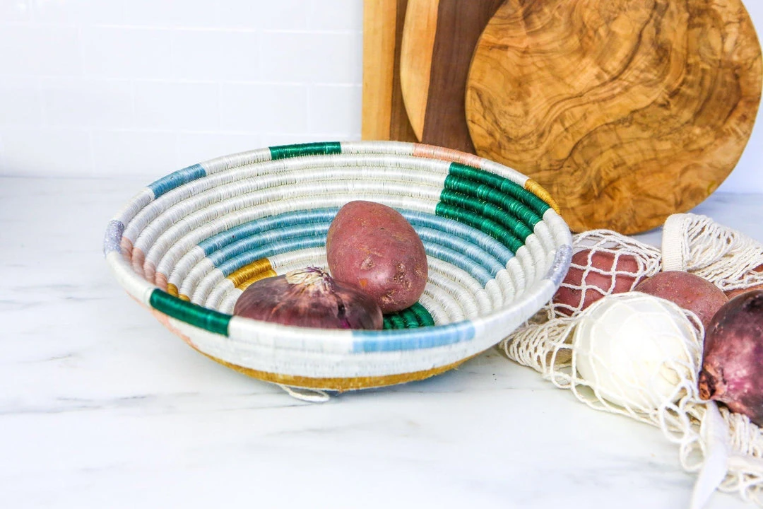 KAZI Home Goods Large Metallic Floret Geo Round Basket 6 KAZI Home Goods Large Metallic Floret Geo Round Basket