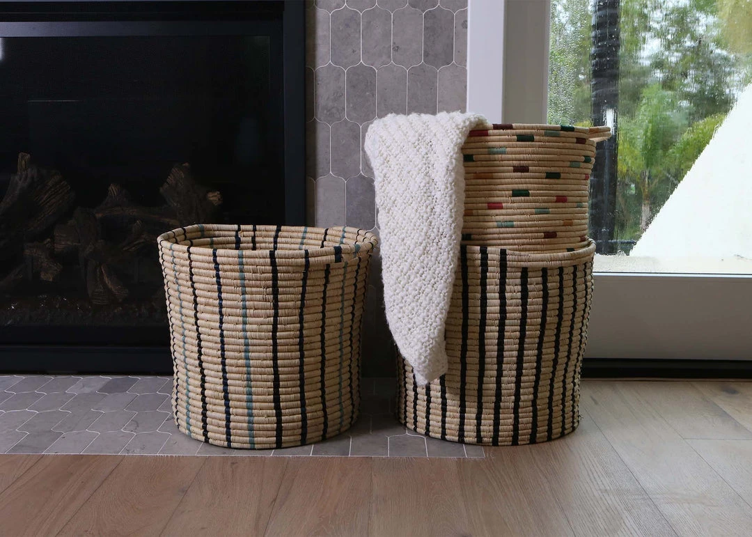 KAZI Cool Striped Raffia Floor Storage Basket 4 KAZI Cool Striped Raffia Floor Storage Basket
