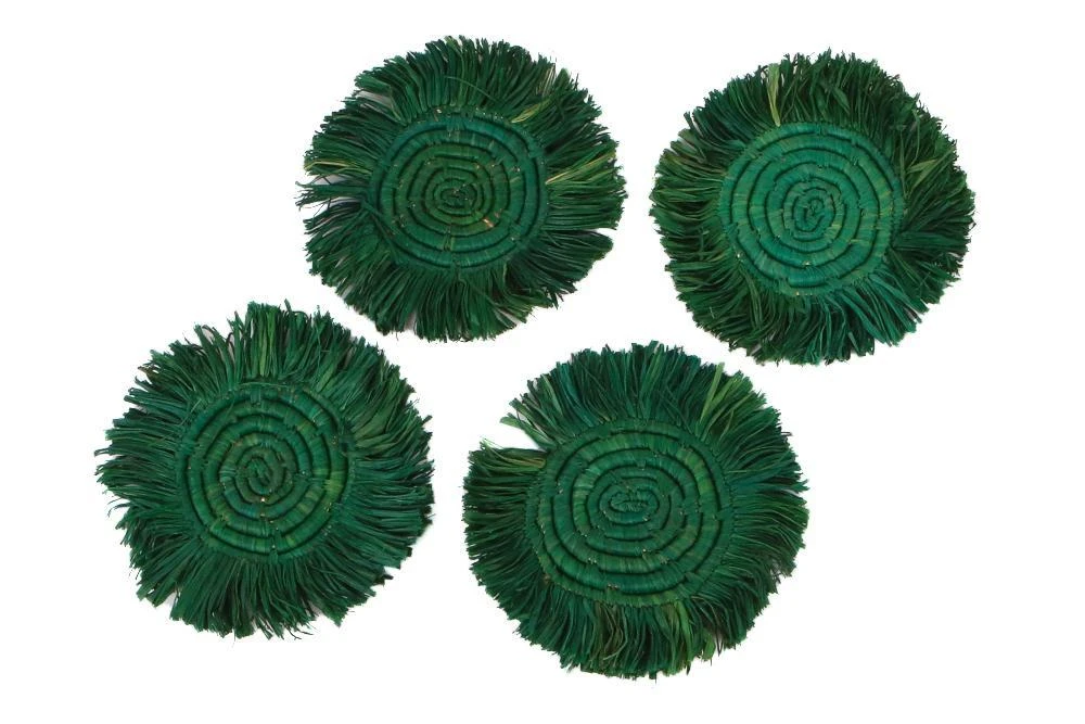 KAZI Home Goods Evergreen Fringed Oversized Raffia Coaster Set 3 KAZI Home Goods Evergreen Fringed Oversized Raffia Coaster Set