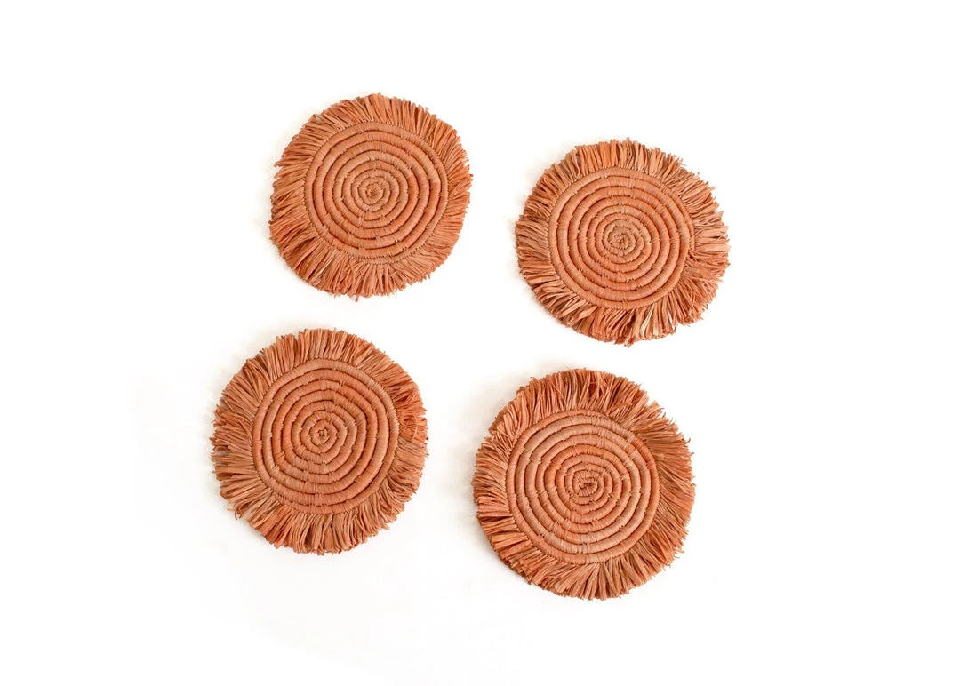 KAZI Home Goods Peach Fringed Raffia Coasters 3 KAZI Home Goods Peach Fringed Raffia Coasters