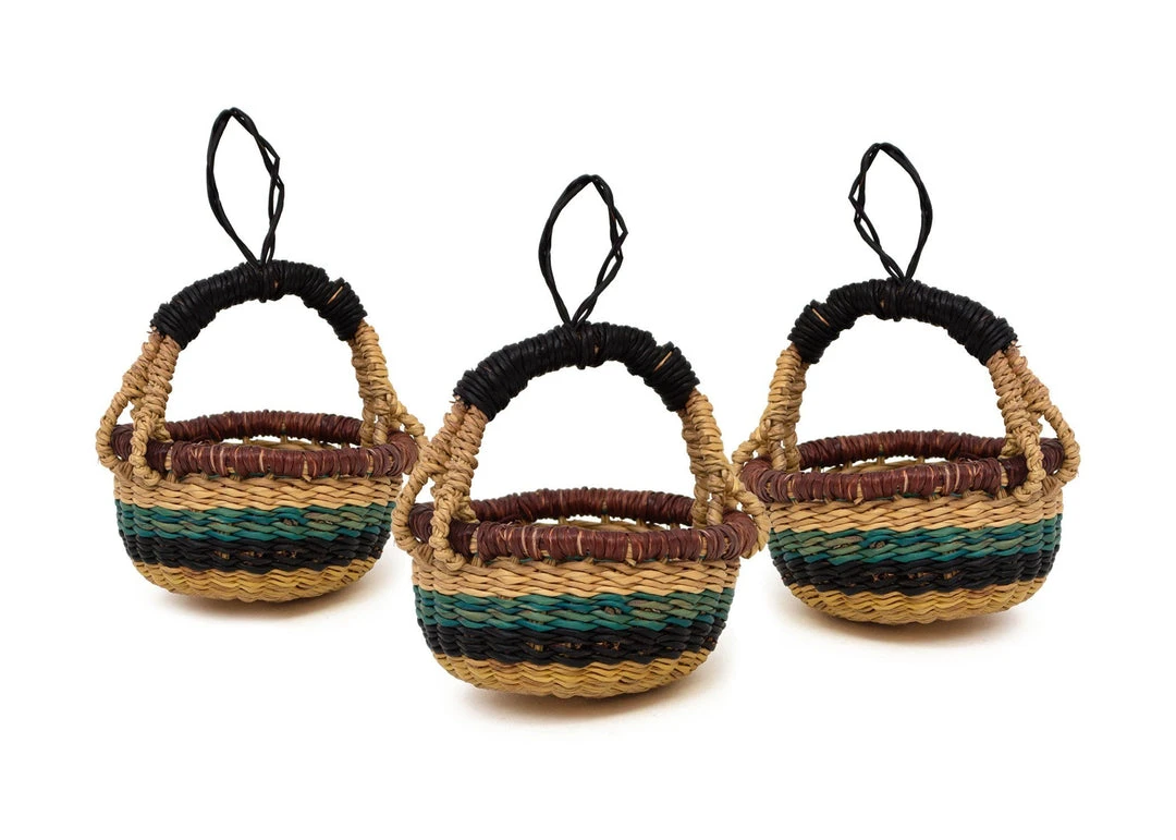 KAZI Petite Bolga Basket Ornament Set - Blue + Black 3 KAZI Petite Bolga Basket Ornament Set - Blue + Black