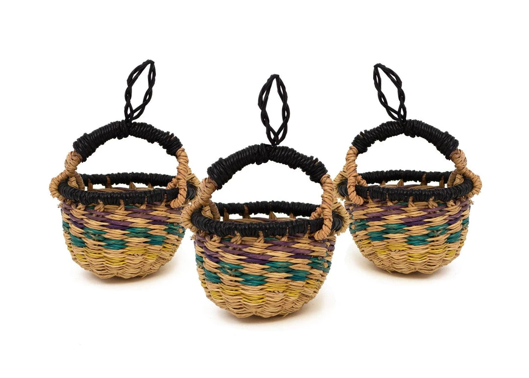 KAZI Fair Trade Petite Bolga Basket Ornament Set - Blue Checkered 3 KAZI Fair Trade Petite Bolga Basket Ornament Set - Blue Checkered