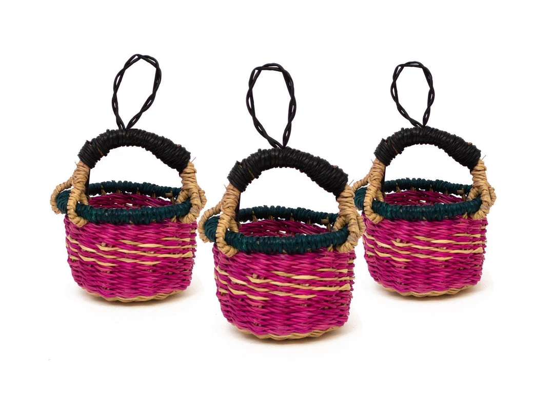 KAZI Petite Bolga Basket Ornament Set - Pink 3 KAZI Petite Bolga Basket Ornament Set - Pink