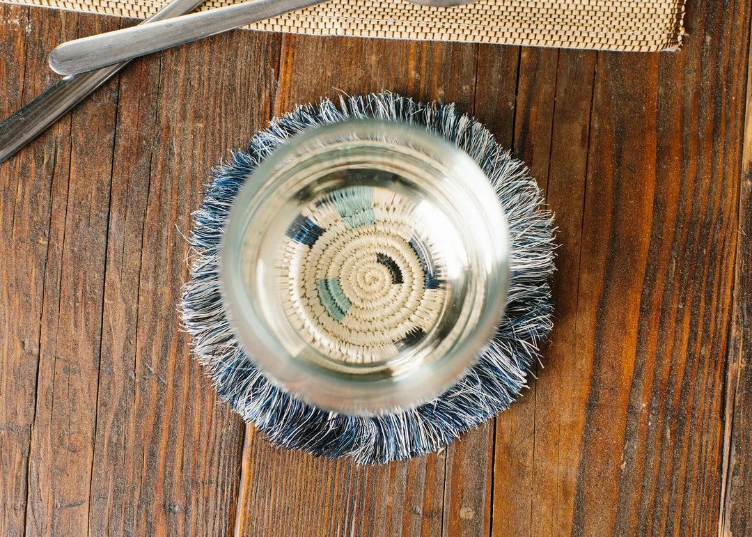 KAZI Silver Blue + Black Fringed Coasters Home Goods 8 KAZI Silver Blue + Black Fringed Coasters Home Goods