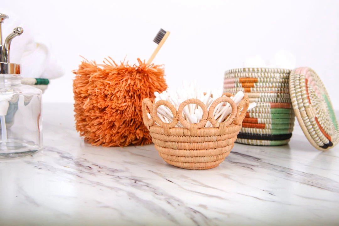 KAZI Home Goods Tiny Peach Hooped Raffia Catch All 4 KAZI Home Goods Tiny Peach Hooped Raffia Catch All