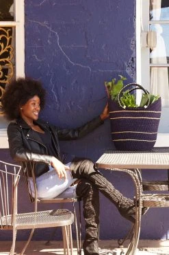 Swahili African Modern Midnight Blue Pinstripe Bolga Shopper Bag