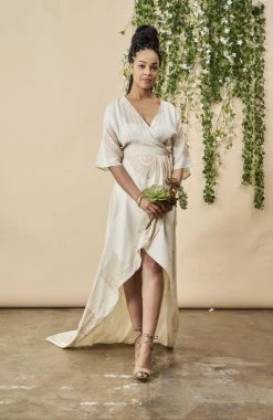 Symbology Peacock Feather Maxi Modal Wrap Dress - Cream + Gold