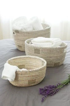 Swahili African Modern Set Of Three White Nesting Baskets