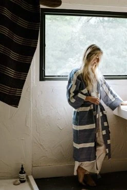 Anchal Stripe Unisex Robe - Slate