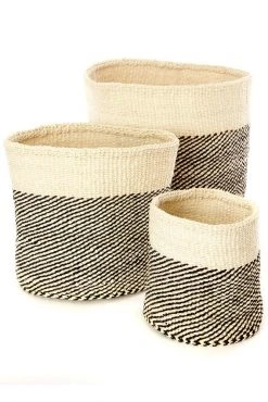 Swahili African Modern Black And Cream Twill Sisal Nesting Basket Set