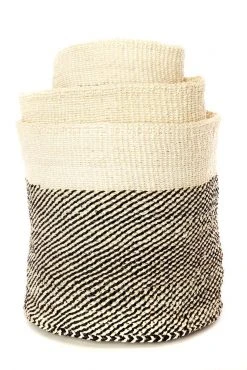 Swahili African Modern Black And Cream Twill Sisal Nesting Basket Set