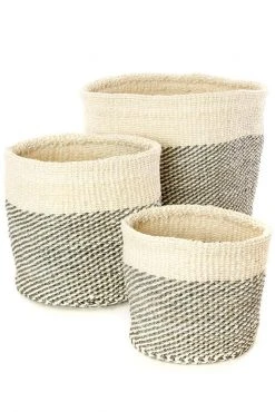 Swahili African Modern Gray And Cream Twill Nesting Basket Set