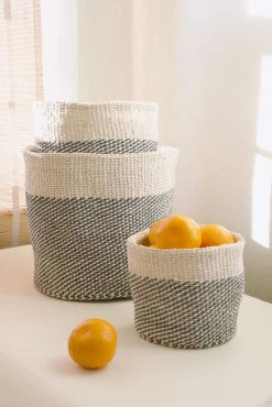 Swahili African Modern Gray And Cream Twill Nesting Basket Set