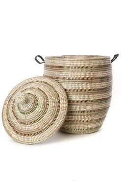 Swahili African Modern Medium Black, Silver + White Striped Laundry Hamper