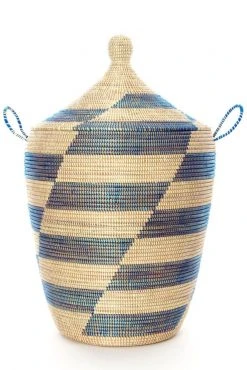 Swahili African Modern Home Goods Blue And Cream Mixed Pattern Hamper Set