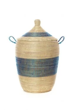 Swahili African Modern Home Goods Blue And Cream Mixed Pattern Hamper Set