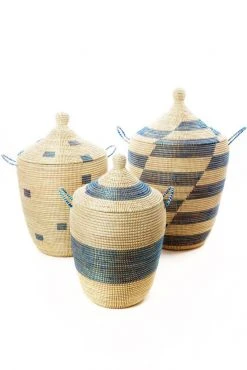 Swahili African Modern Home Goods Blue And Cream Mixed Pattern Hamper Set