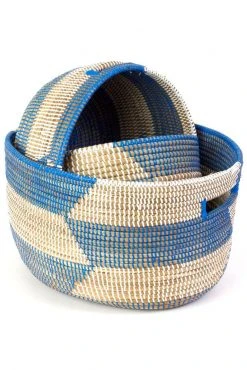 Swahili African Modern Set Of Three Blue Herringbone Sewing Baskets Home Goods