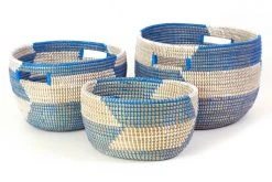 Swahili African Modern Set Of Three Blue Herringbone Sewing Baskets Home Goods