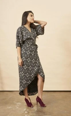 Symbology Art Deco Modal Maxi Wrap Dress - Black + Cream