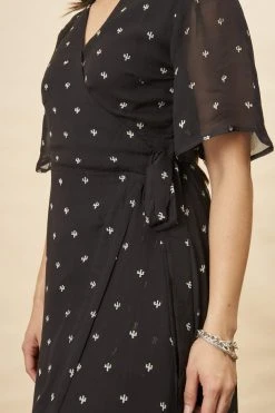 Symbology Baby Cacti Butterfly Sleeve Maxi Dress - Black + Cream
