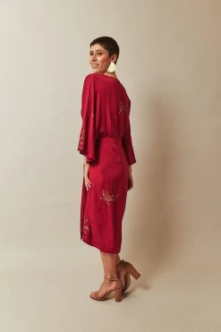 Symbology Cherry Blossom Modal Twisted Midi Dress - Raspberry + Gold