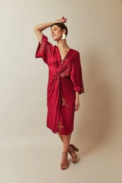 Symbology Cherry Blossom Modal Twisted Midi Dress - Raspberry + Gold