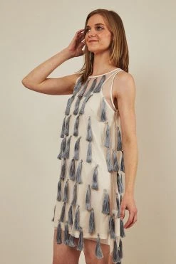 Symbology Flapper Chic Tassel Dress - Cream + Gray