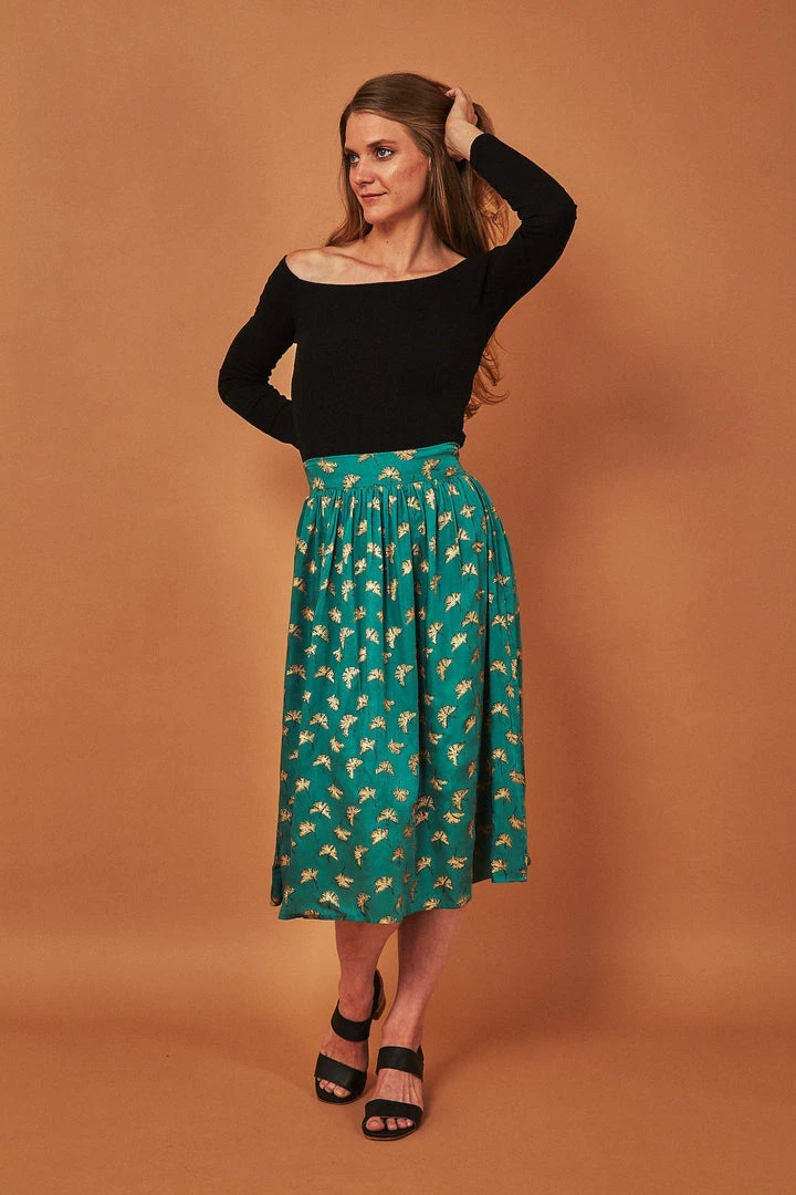 Symbology Best Sellers Gingko Leaf Midi Skirt - Green + Gold 3 Symbology Best Sellers Gingko Leaf Midi Skirt - Green + Gold
