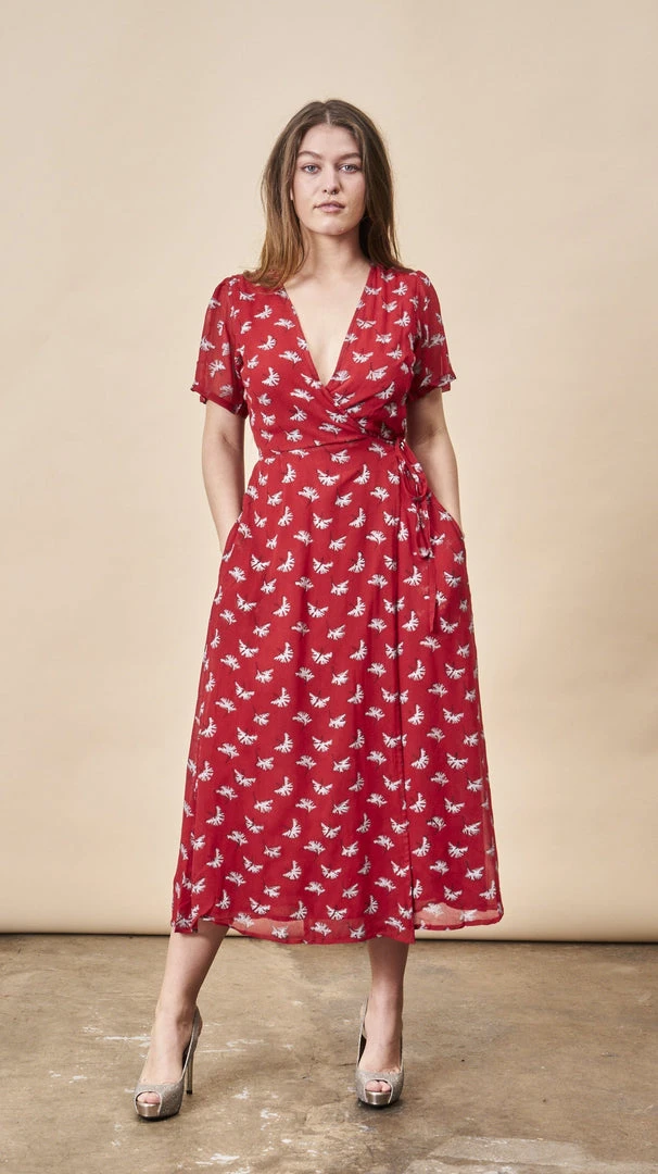Symbology Ginkgo Leaf Midi Wrap Dress - Red + Silver 7 Symbology Ginkgo Leaf Midi Wrap Dress - Red + Silver