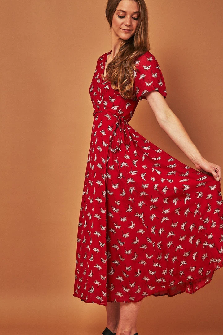 Symbology Ginkgo Leaf Midi Wrap Dress - Red + Silver 4 Symbology Ginkgo Leaf Midi Wrap Dress - Red + Silver