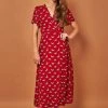 Symbology Ginkgo Leaf Midi Wrap Dress - Red + Silver