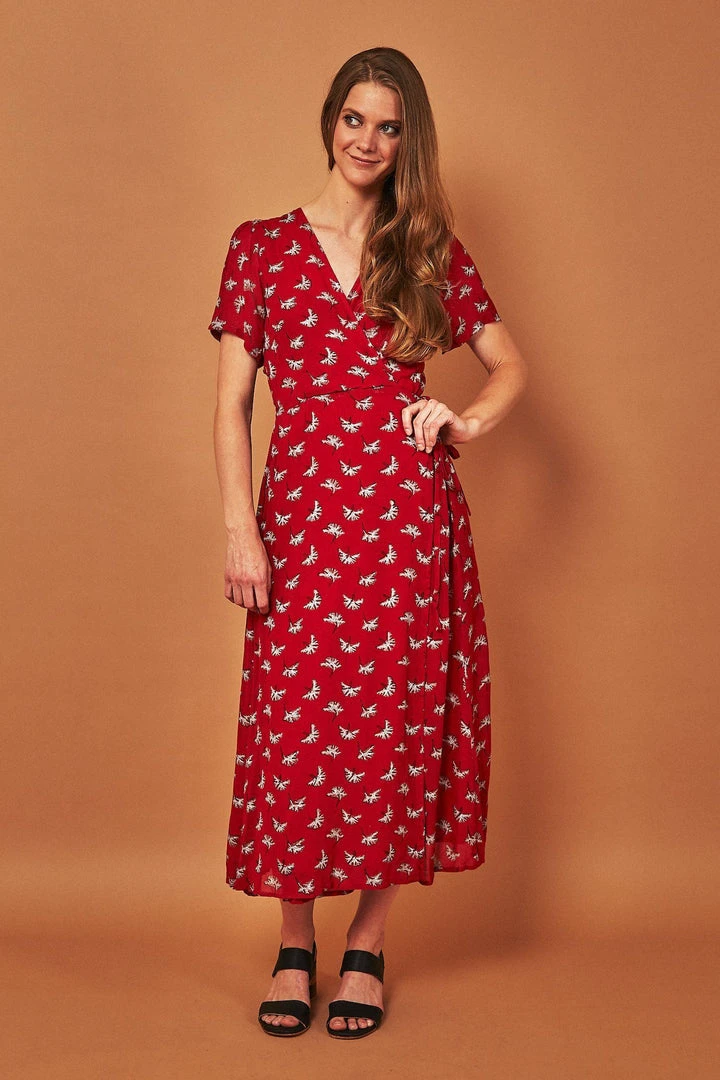 Symbology Ginkgo Leaf Midi Wrap Dress - Red + Silver 3 Symbology Ginkgo Leaf Midi Wrap Dress - Red + Silver