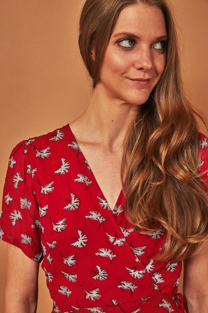 Symbology Ginkgo Leaf Midi Wrap Dress - Red + Silver 6 Symbology Ginkgo Leaf Midi Wrap Dress - Red + Silver
