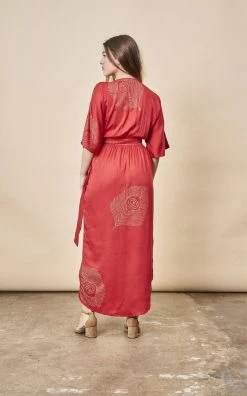 Symbology Best Sellers Peacock Feather Modal Wrap Dress - Lipstick Red + Gold