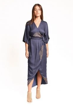 Symbology Best Sellers Peacock Feather Modal Wrap Dress - Navy + Gold