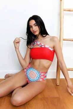 Wolven Reversible One Shoulder Recycled Swimsuit Top - Santorini