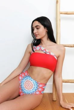 Wolven Swim Reversible High-Waisted Recycled Bikini Bottom - Santorini